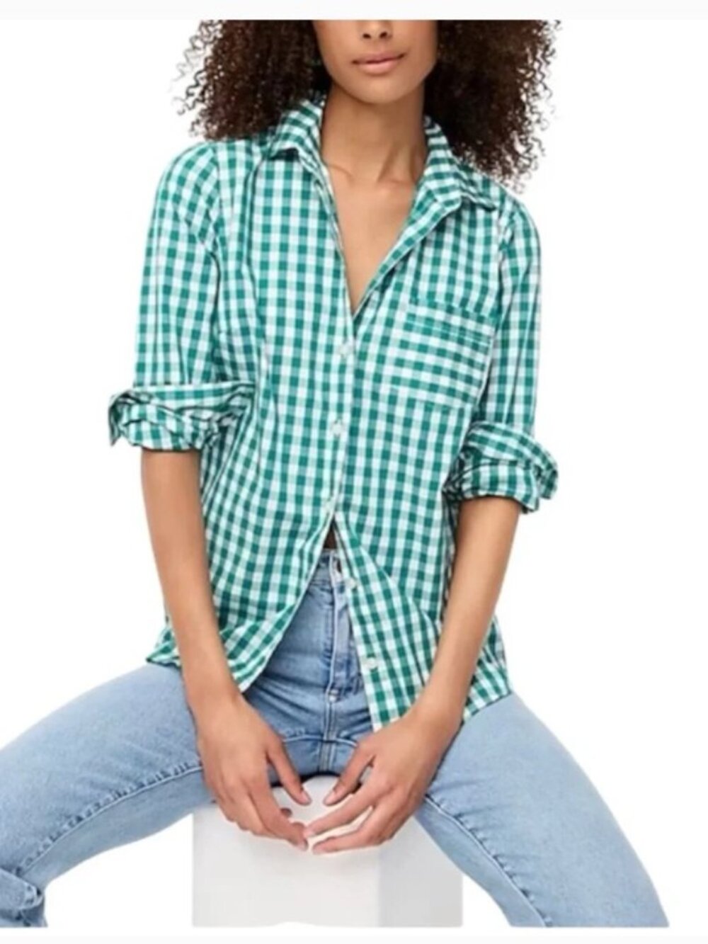 J. CREW Factory Stretch Poplin Button Down green and white gingham. Petite Small